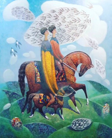 Malerei mit dem Titel "Adam we atly gezele…" von Gochmuradov Gahryman, Original-Kunstwerk, Öl