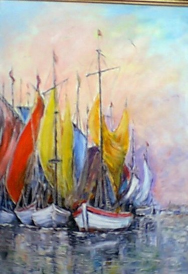 Peinture intitulée "Navires au port" par Roger Godart, Œuvre d'art originale, Huile
