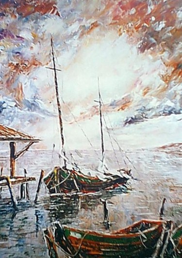 Peinture intitulée "au port" par Roger Godart, Œuvre d'art originale, Huile