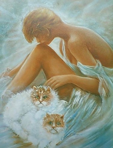 Peinture intitulée "belle au chat" par Roger Godart, Œuvre d'art originale, Huile