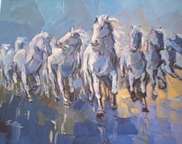 Peinture intitulée "chevaux de camargues" par Roger Godart, Œuvre d'art originale, Huile