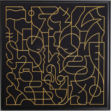 Textielkunst getiteld "Golden Duel" door Goddog, Origineel Kunstwerk, Borduurwerk Gemonteerd op Frame voor houten brancard