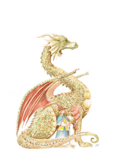 Картина под названием "Dragon d'orée" - Godo, Подлинное произведение искусства, Чернила