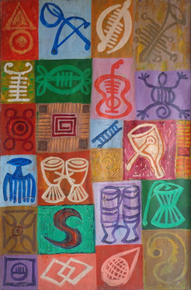 Schilderij getiteld "Symbols & Musical I…" door Godwin Atta Geoman, Origineel Kunstwerk, Olie