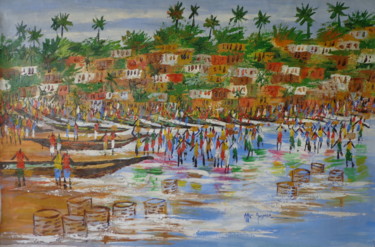 Pintura titulada "Fishing Village" por Godwin Atta Geoman, Obra de arte original, Acrílico