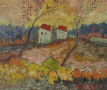 Painting titled "Arboles y casas" by Ferran Gomila, Original Artwork, Oil Mounted on Wood Stretcher frame