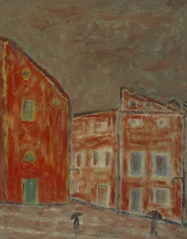 Painting titled "Red houses with rai…" by Ferran Gomila, Original Artwork, Oil