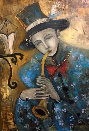 Painting titled "night musician" by Elena Injia, Original Artwork, Oil