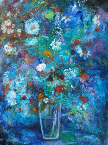 Painting titled "Blue room" by Gohar Papikyan, Original Artwork, Oil Mounted on Wood Stretcher frame