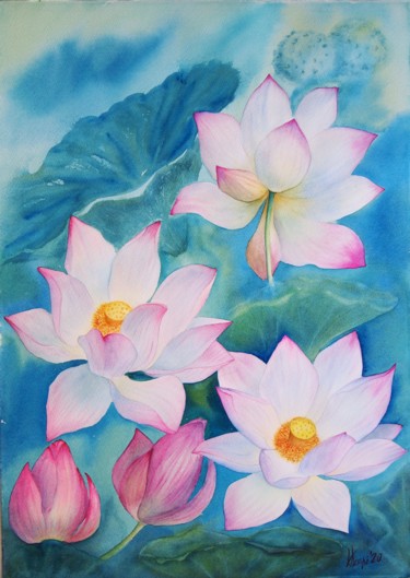 Peinture intitulée ""The shine of lotus"" par Valeriia Kempi, Œuvre d'art originale, Aquarelle