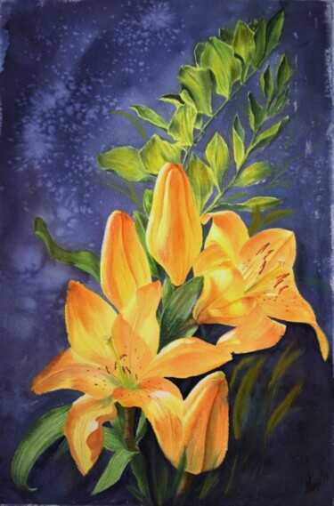 Schilderij getiteld ""The sunny lilies"" door Valeriia Kempi, Origineel Kunstwerk, Aquarel