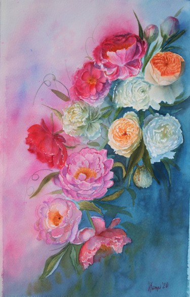 Pittura intitolato ""The dance of roses"" da Valeriia Kempi, Opera d'arte originale, Acquarello