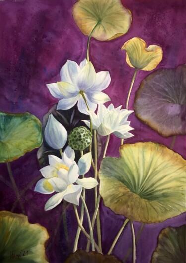 Malerei mit dem Titel ""Lotus Meditation 1"" von Valeriia Kempi, Original-Kunstwerk, Aquarell