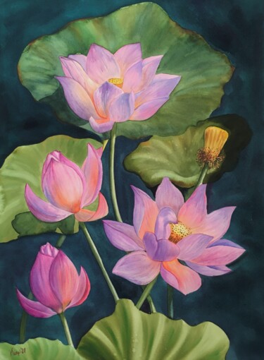 Pittura intitolato ""Lotus Meditation 2"" da Valeriia Kempi, Opera d'arte originale, Acquarello