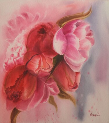 Картина под названием ""The royal tulips"" - Валерия Кемпи, Подлинное произведение искусства, Акварель