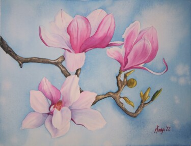 Schilderij getiteld ""Magnolia blossom"" door Valeriia Kempi, Origineel Kunstwerk, Aquarel