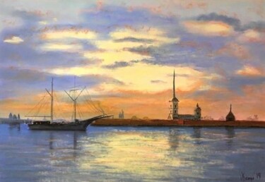 Painting titled ""The evening Peters…" by Valeriia Kempi, Original Artwork, Pastel