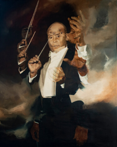 Schilderij getiteld "Direttore d'Orchest…" door Golgota, Origineel Kunstwerk, Olie Gemonteerd op Frame voor houten brancard