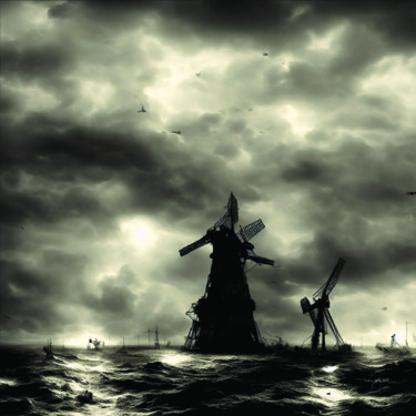 Digitale Kunst getiteld "Offshore-Windmühlen" door Golly Hertlein, Origineel Kunstwerk, AI gegenereerde afbeelding Gemonteer…