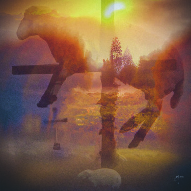 Digitale Kunst mit dem Titel "Gekreuzigtes Schaf" von Golly Hertlein, Original-Kunstwerk, Fotomontage Auf Keilrahmen aus Hol…
