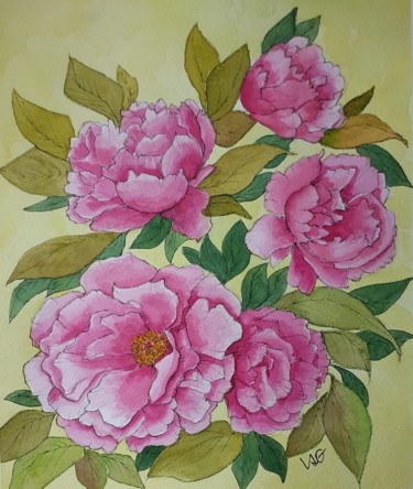 Painting titled "Pivoines" by Gomez Véronique, Original Artwork, Watercolor