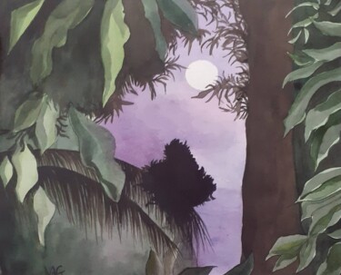 Painting titled "La lune derrière le…" by Gomez Véronique, Original Artwork, Watercolor