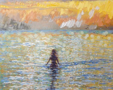 Painting titled "Morning swim in the…" by Sergei Gontarovskii (Serhii Hontarovskyi), Original Artwork, Oil Mounted on Wood S…