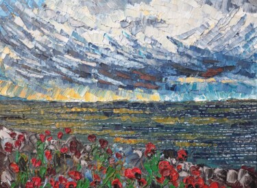 Painting titled "Red poppies by the…" by Sergei Gontarovskii (Serhii Hontarovskyi), Original Artwork, Oil Mounted on Wood St…