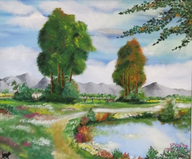 Pintura intitulada "Lago y montaña" por Gonzala Sol, Obras de arte originais, Óleo