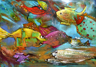 Painting titled "Rainbow Fishes 02" by Miki De Goodaboom, Original Artwork, Acrylic