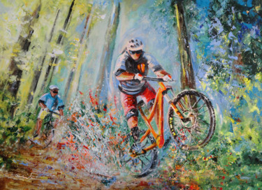 Painting titled "Mountain Biking" by Miki De Goodaboom, Original Artwork, Acrylic