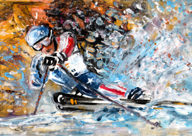 Painting titled "Skiing 04" by Miki De Goodaboom, Original Artwork, Gouache
