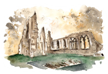 Painting titled "Whitby Abbey 01" by Miki De Goodaboom, Original Artwork, Watercolor