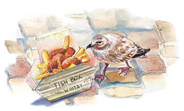 「Fish And Chips For…」というタイトルの絵画 Miki De Goodaboomによって, オリジナルのアートワーク, 水彩画