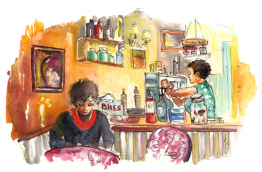 Painting titled "The Coffee Shop In…" by Miki De Goodaboom, Original Artwork, Watercolor
