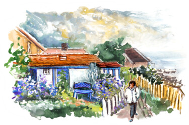 Painting titled "Washed Blue Cottage…" by Miki De Goodaboom, Original Artwork, Watercolor