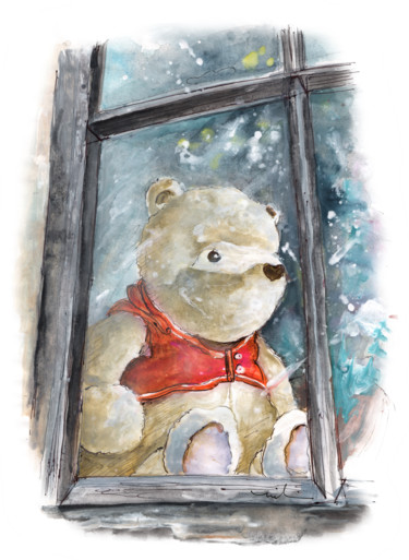 Schilderij getiteld "Winnie The Pooh In…" door Miki De Goodaboom, Origineel Kunstwerk, Aquarel