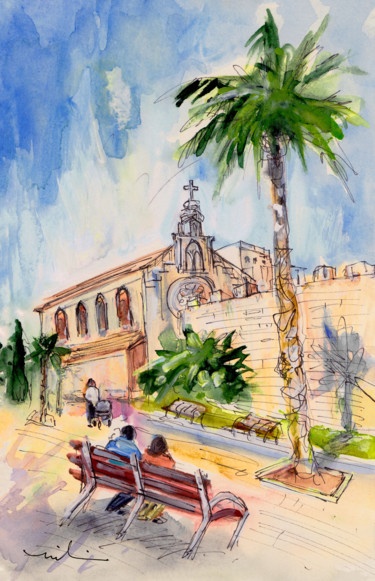 Painting titled "Alcudia Church In M…" by Miki De Goodaboom, Original Artwork, Watercolor