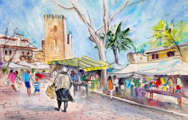 Malerei mit dem Titel "Alcudia Market In M…" von Miki De Goodaboom, Original-Kunstwerk, Aquarell