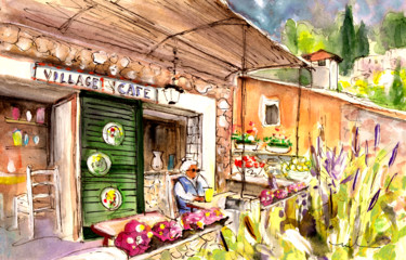 Malerei mit dem Titel "The Village Cafe In…" von Miki De Goodaboom, Original-Kunstwerk, Aquarell