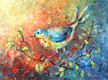 Painting titled "Blue Bird 01" by Miki De Goodaboom, Original Artwork, Acrylic Mounted on Cardboard