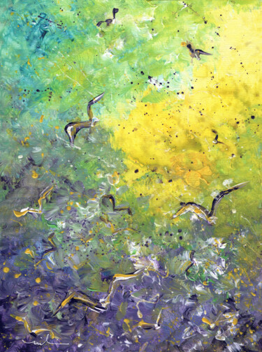 Painting titled "Fly With Me 05" by Miki De Goodaboom, Original Artwork, Acrylic Mounted on Cardboard