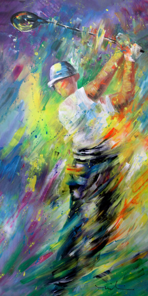 Malerei mit dem Titel "Golf Dedication" von Miki De Goodaboom, Original-Kunstwerk, Acryl