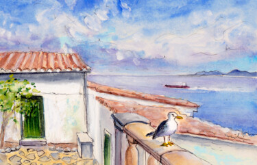 Malerei mit dem Titel "Seagull In Cap De F…" von Miki De Goodaboom, Original-Kunstwerk, Aquarell