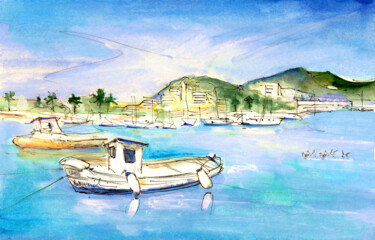 Painting titled "Port Andratx 01" by Miki De Goodaboom, Original Artwork, Watercolor