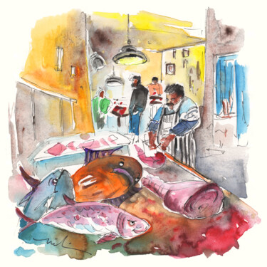 Painting titled "Fish Shop In Siracu…" by Miki De Goodaboom, Original Artwork, Watercolor
