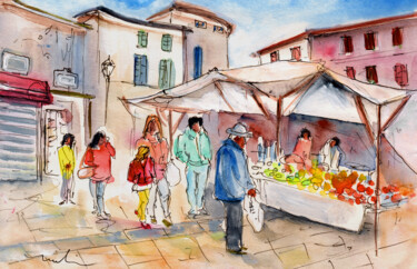 Painting titled "Sineu Market 02" by Miki De Goodaboom, Original Artwork, Watercolor