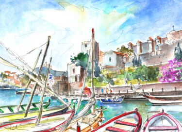 Painting titled "Collioure Harbour 01" by Miki De Goodaboom, Original Artwork, Watercolor