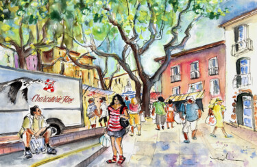 Painting titled "Collioure Market 01" by Miki De Goodaboom, Original Artwork, Watercolor