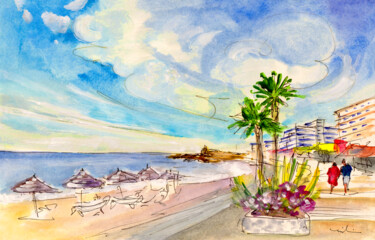 Malerei mit dem Titel "Nerja Beach 01" von Miki De Goodaboom, Original-Kunstwerk, Aquarell